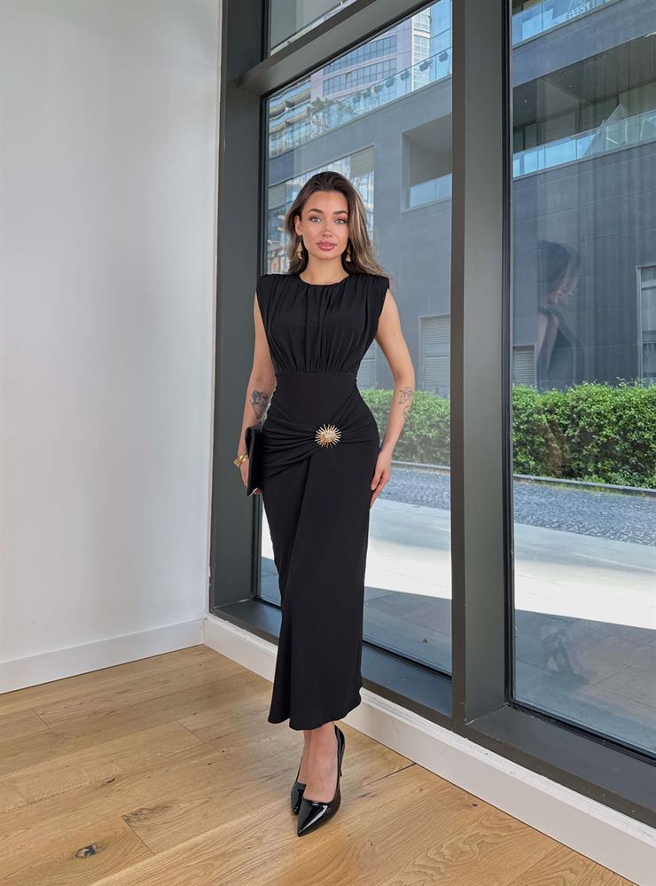 Drapeli Aksesuar Detaylı Elanda Siyah Kadın Elbise 25Y363