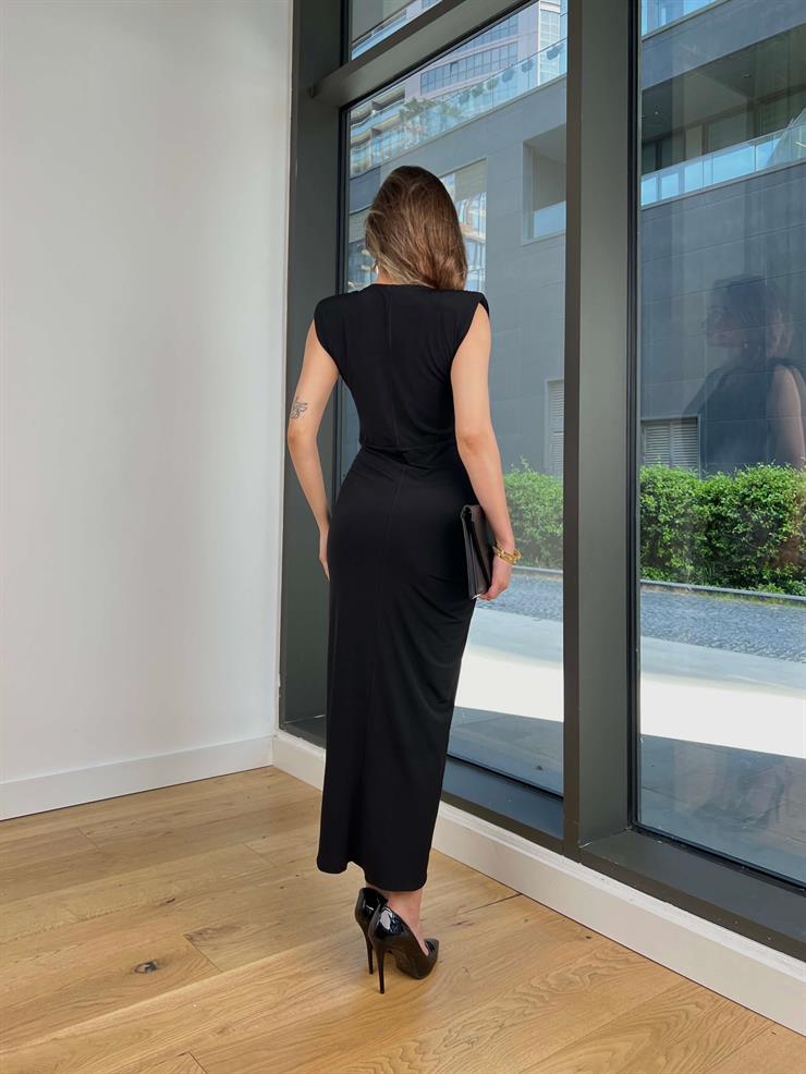 Drapeli Aksesuar Detaylı Elanda Siyah Kadın Elbise 25Y363