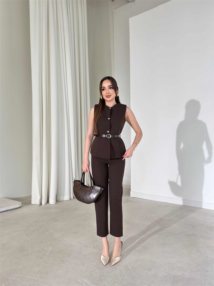 Kemerli Yeleği Cepli Kahverengi Elanor İkili Kadın Takım 26Y182