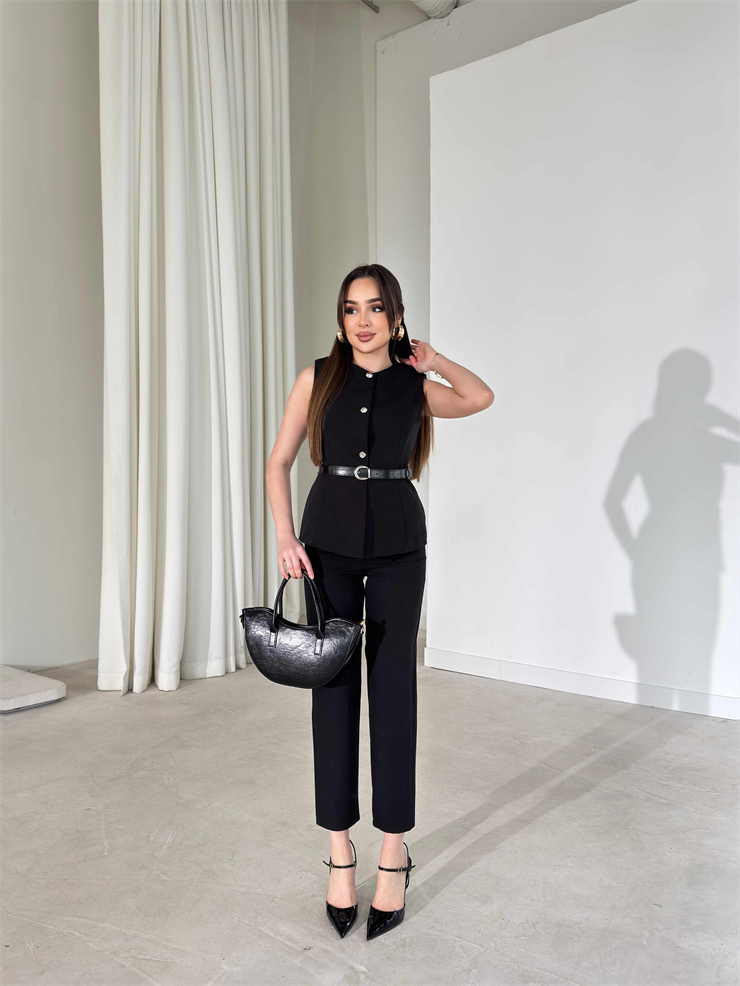 Kemerli Yeleği Cepli Siyah Elanor İkili Kadın Takım 26Y182