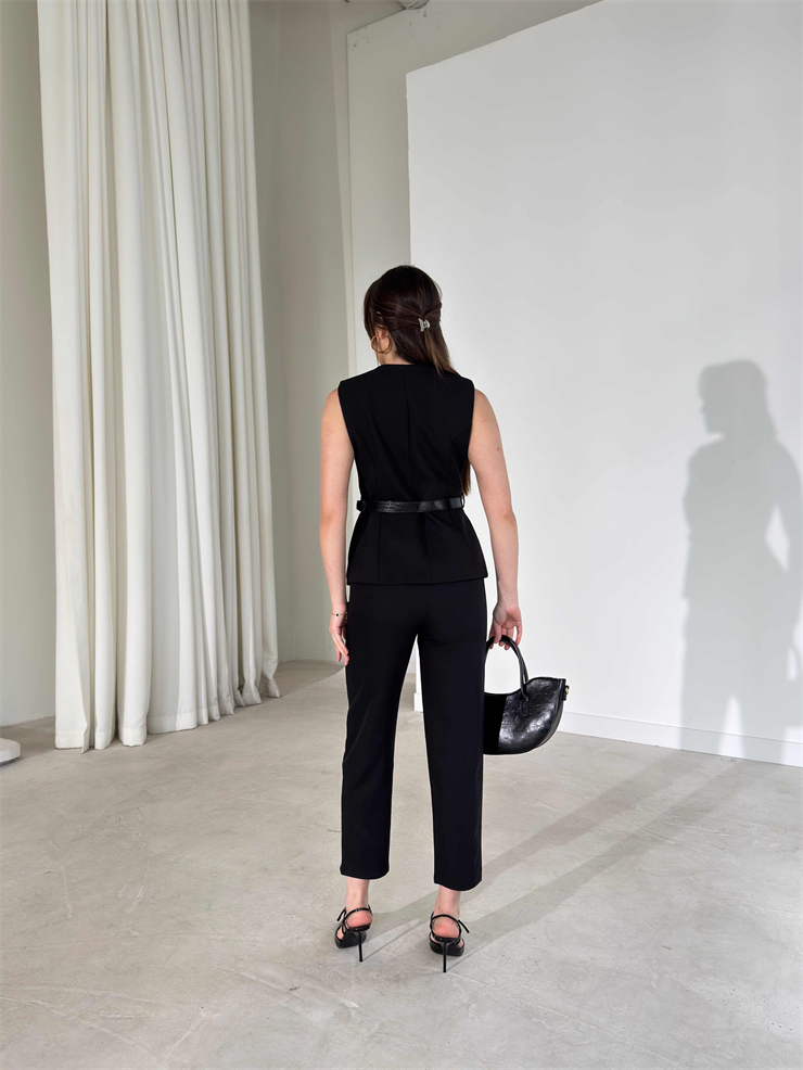 Kemerli Yeleği Cepli Siyah Elanor İkili Kadın Takım 26Y182