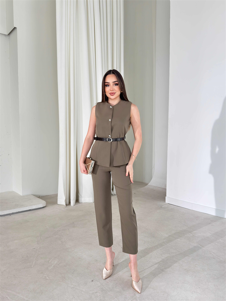 Kemerli Yeleği Cepli Haki Elanor İkili Kadın Takım 26Y182