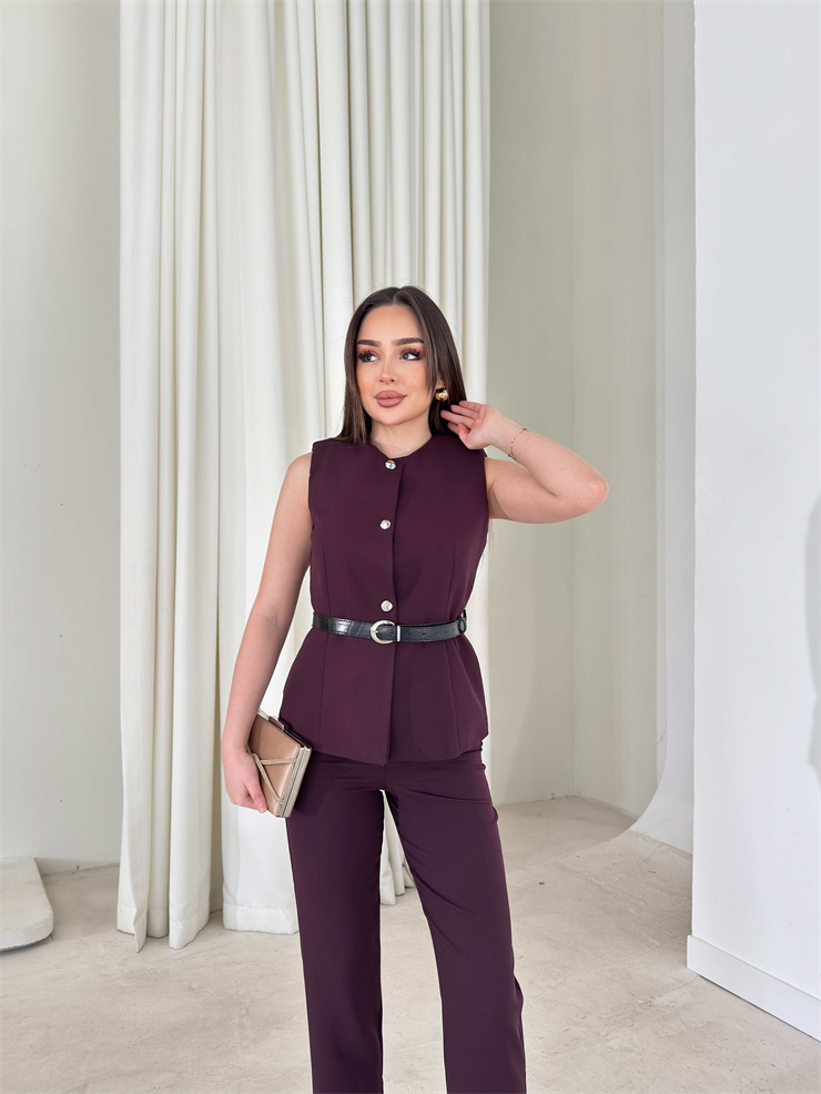 Kemerli Yeleği Cepli Mürdüm Elanor İkili Kadın Takım 26Y182