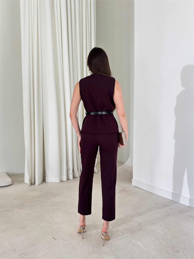 Kemerli Yeleği Cepli Mürdüm Elanor İkili Kadın Takım 26Y182