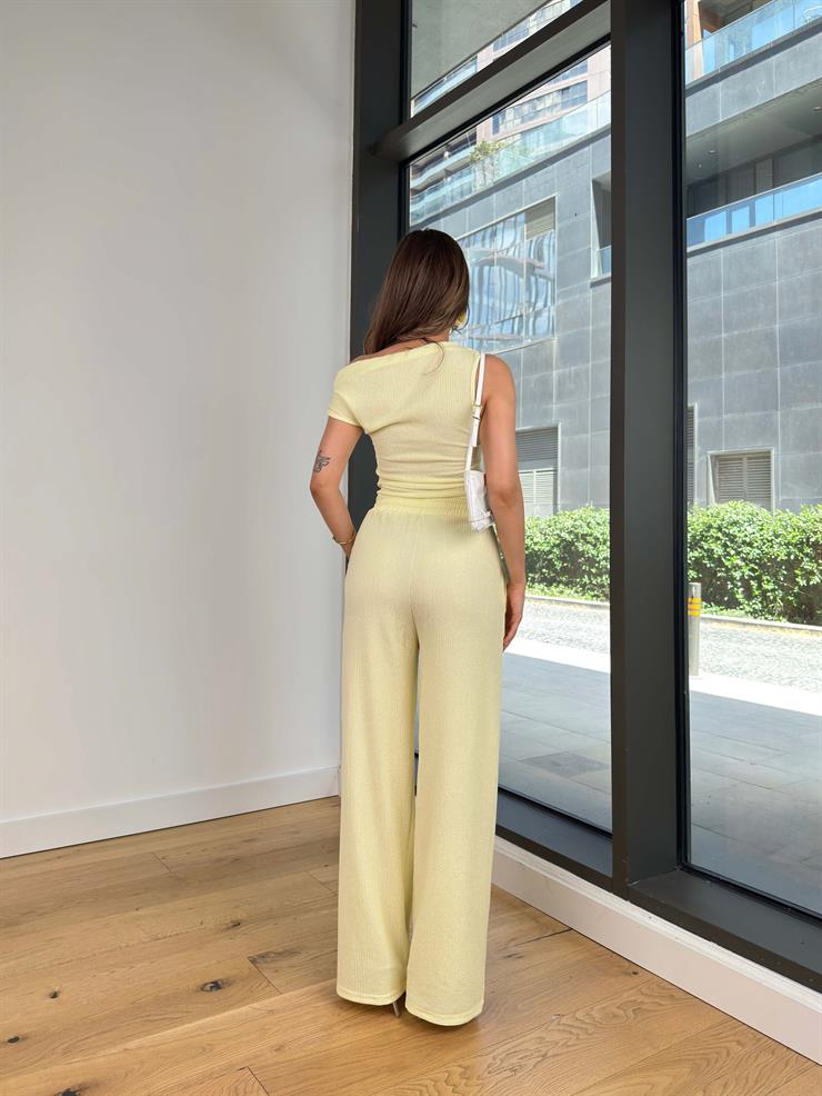 Kısa Kol Bluz Beli Lastikli Bol Paça Pantolon Eldar Kadın Sarı Fitilli Takım 24Y854