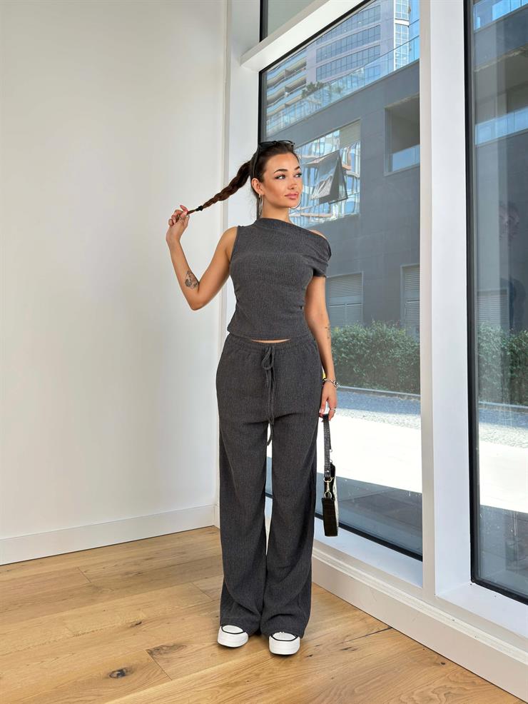 Kısa Kol Bluz Beli Lastikli Bol Paça Pantolon Eldar Kadın Antrasit Fitilli Takım 24Y854