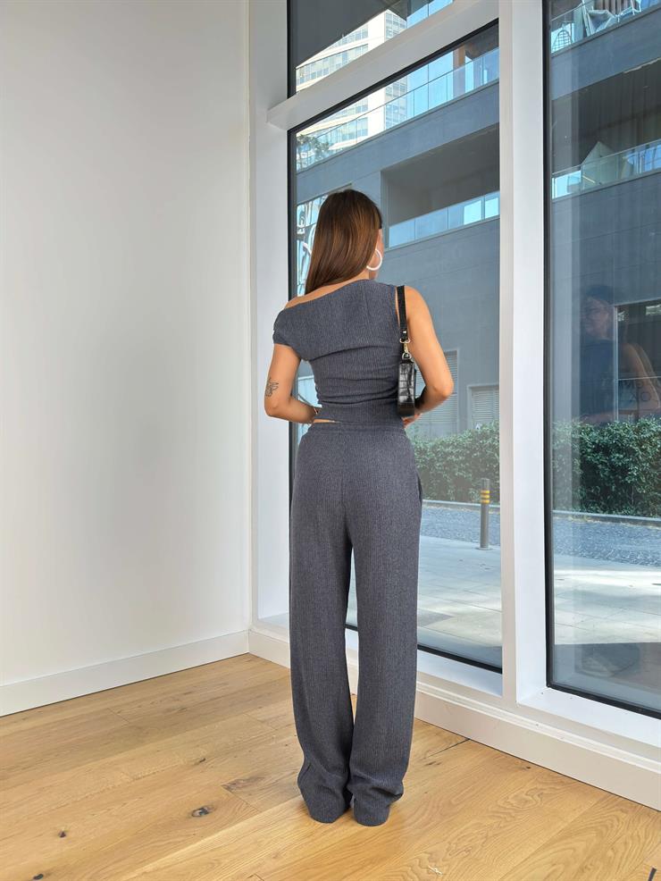 Kısa Kol Bluz Beli Lastikli Bol Paça Pantolon Eldar Kadın Lacivert Fitilli Takım 24Y854