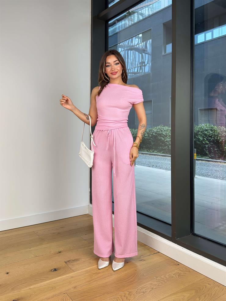 Kısa Kol Bluz Beli Lastikli Bol Paça Pantolon Eldar Kadın Pembe Fitilli Takım 24Y854