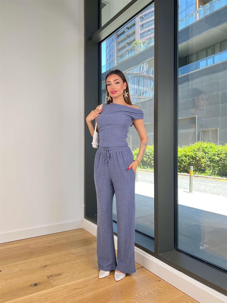 Kısa Kol Bluz Beli Lastikli Bol Paça Pantolon Eldar Kadın Mavi Fitilli Takım 24Y854