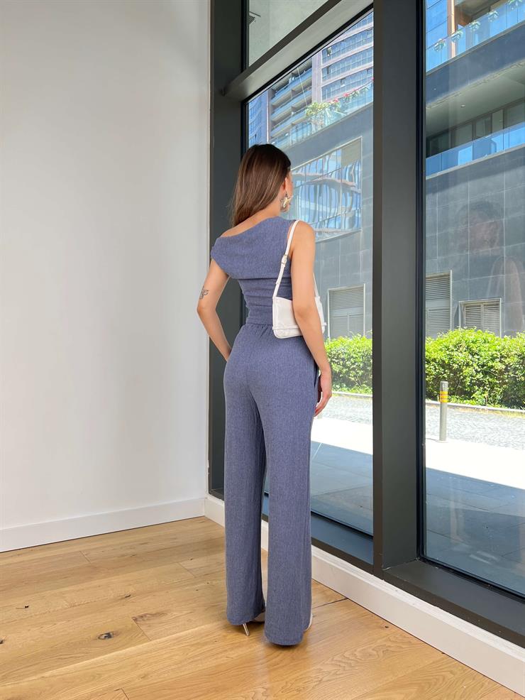 Kısa Kol Bluz Beli Lastikli Bol Paça Pantolon Eldar Kadın Mavi Fitilli Takım 24Y854
