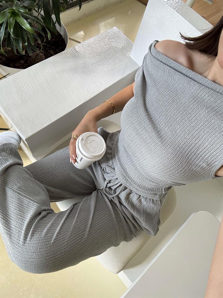 Kısa Kol Bluz Beli Lastikli Bol Paça Pantolon Eldar Kadın Mint Fitilli Takım 26K013