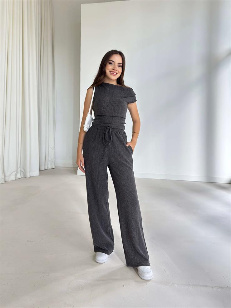 Kısa Kol Bluz Beli Lastikli Bol Paça Pantolon Eldar Kadın Füme Fitilli Takım 26K013