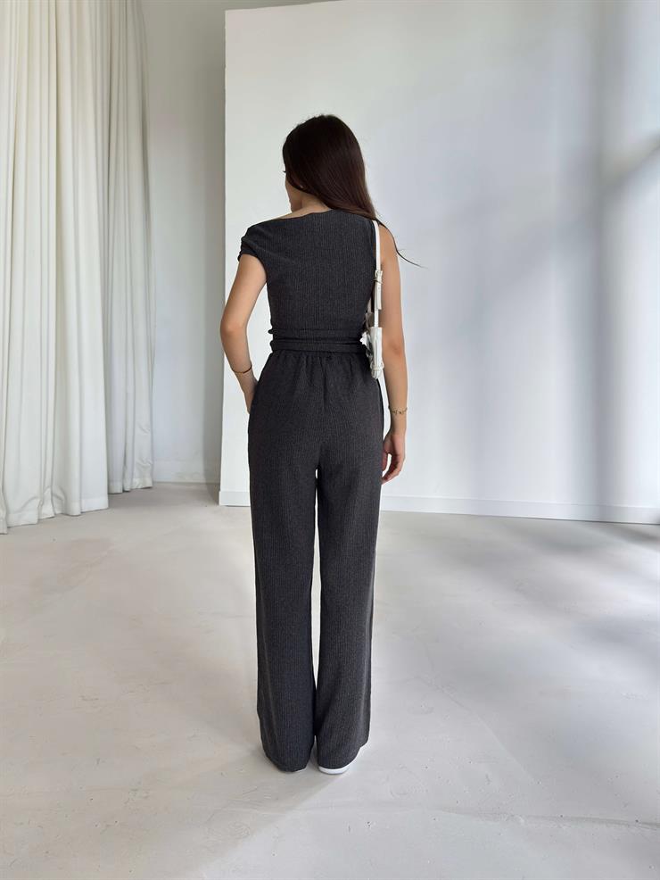 Kısa Kol Bluz Beli Lastikli Bol Paça Pantolon Eldar Kadın Füme Fitilli Takım 26K013