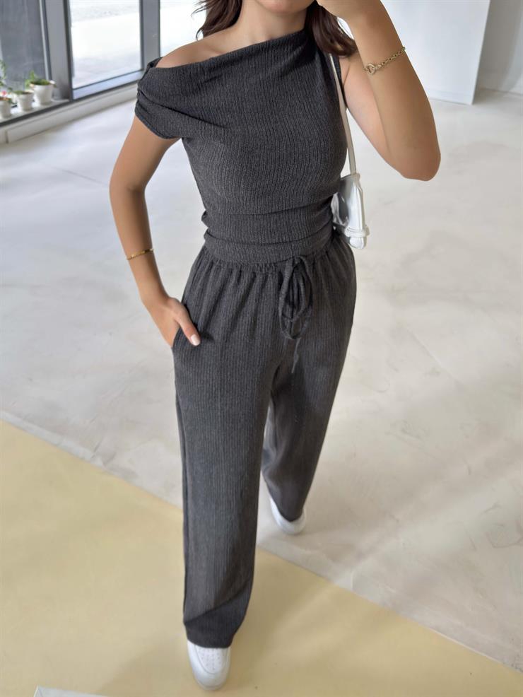 Kısa Kol Bluz Beli Lastikli Bol Paça Pantolon Eldar Kadın Füme Fitilli Takım 26K013