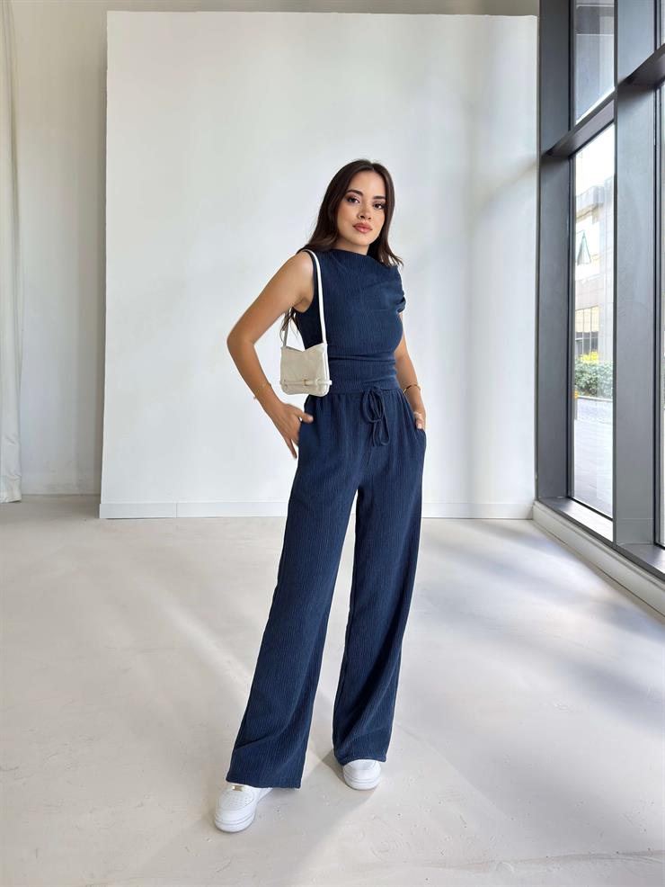 Kısa Kol Bluz Beli Lastikli Bol Paça Pantolon Eldar Kadın Lacivert Fitilli Takım 26K013
