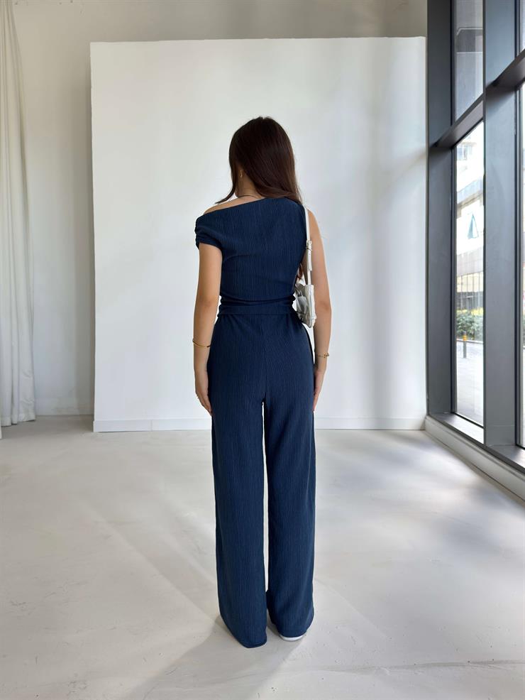 Kısa Kol Bluz Beli Lastikli Bol Paça Pantolon Eldar Kadın Lacivert Fitilli Takım 26K013