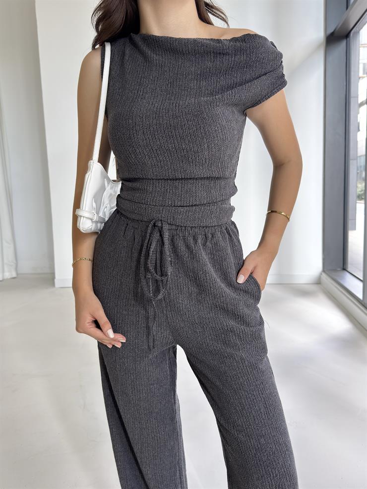 Kısa Kol Bluz Beli Lastikli Bol Paça Pantolon Eldar Kadın Füme Fitilli Takım 26K013