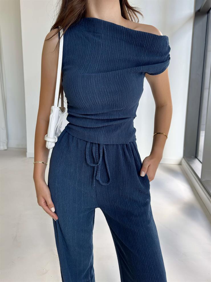 Kısa Kol Bluz Beli Lastikli Bol Paça Pantolon Eldar Kadın Lacivert Fitilli Takım 26K013