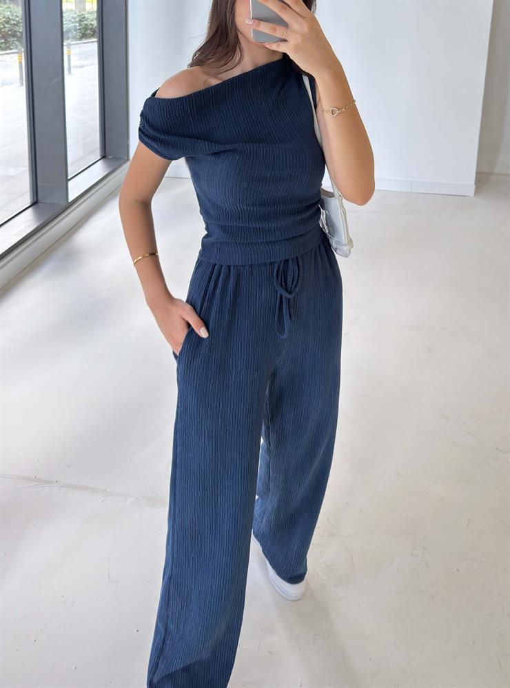 Kısa Kol Bluz Beli Lastikli Bol Paça Pantolon Eldar Kadın Lacivert Fitilli Takım 26K013