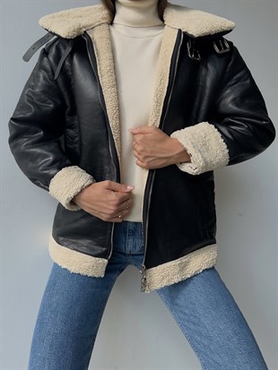 İçi Vegan Kürklü Fermuar Kapamalı Elenilso Kadın Siyah Vegan Deri Mont 23K000146