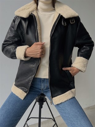 İçi Vegan Kürklü Fermuar Kapamalı Elenilso Kadın Siyah Vegan Deri Mont 23K000146