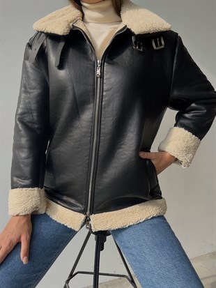 İçi Vegan Kürklü Fermuar Kapamalı Elenilso Kadın Siyah Vegan Deri Mont 23K000146