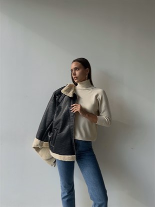 İçi Vegan Kürklü Fermuar Kapamalı Elenilso Kadın Siyah Vegan Deri Mont 23K000146