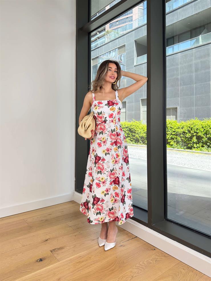 Kalın Askılı Kare Yaka Elia Renkli Çiçekli Kadın Elbise 25Y356