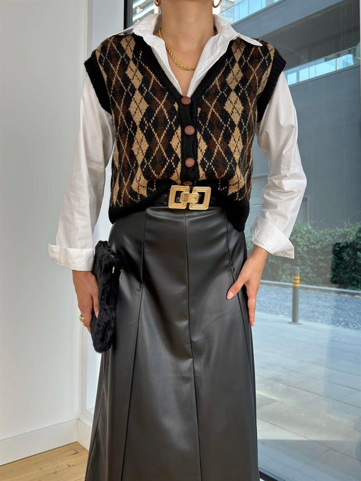 Yüksek Bel Beli Kemerli Dikiş Detaylı Eliane Kadın Siyah Deri Etek 25K074