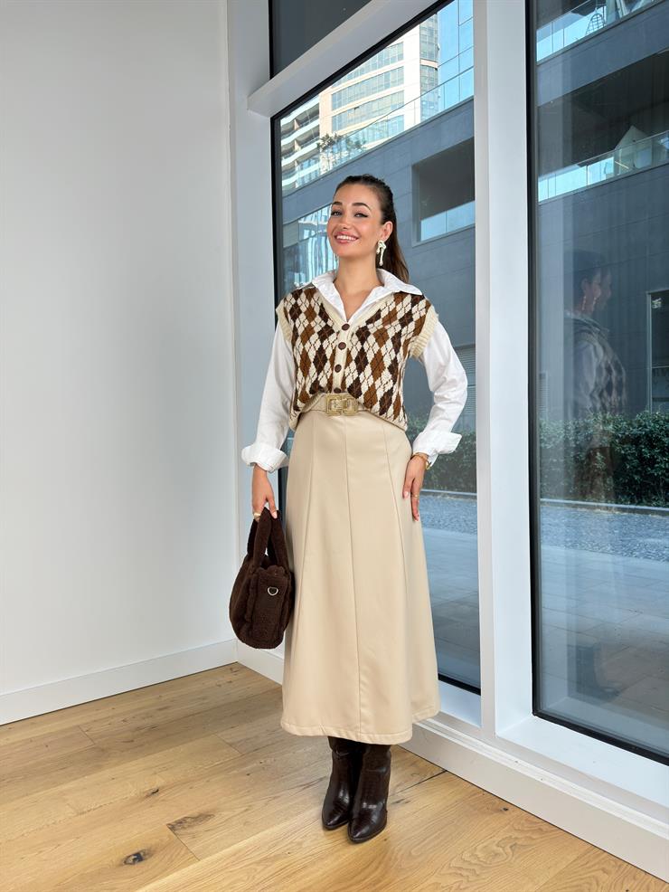 Yüksek Bel Beli Kemerli Dikiş Detaylı Eliane Kadın Taş Deri Etek 25K074