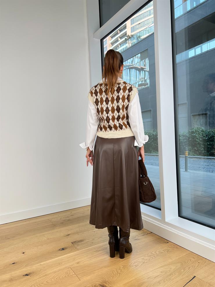 Yüksek Bel Beli Kemerli Dikiş Detaylı Eliane Kadın Kahve Deri Etek 25K074