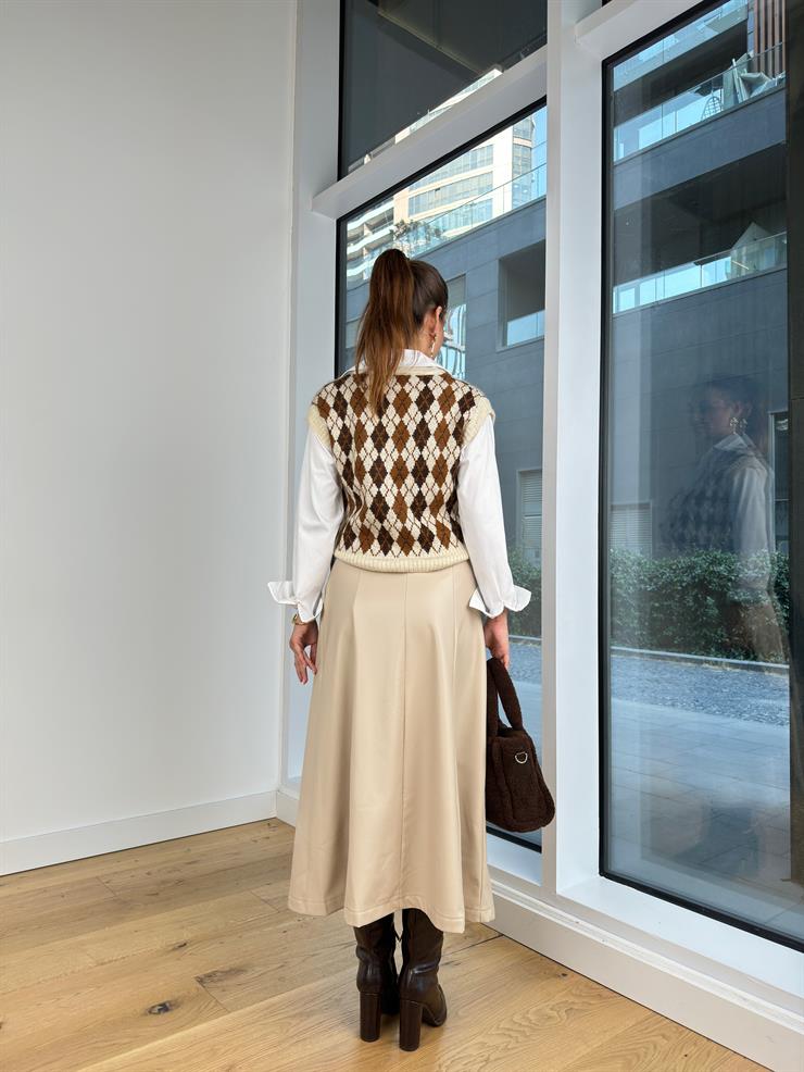 Yüksek Bel Beli Kemerli Dikiş Detaylı Eliane Kadın Taş Deri Etek 25K074