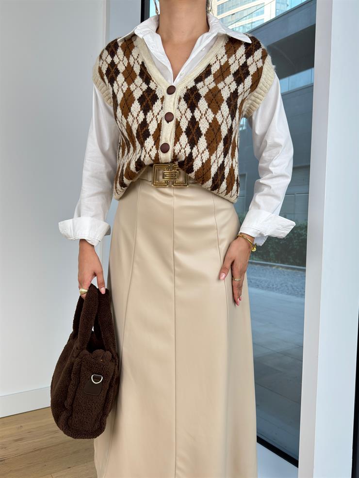 Yüksek Bel Beli Kemerli Dikiş Detaylı Eliane Kadın Taş Deri Etek 25K074