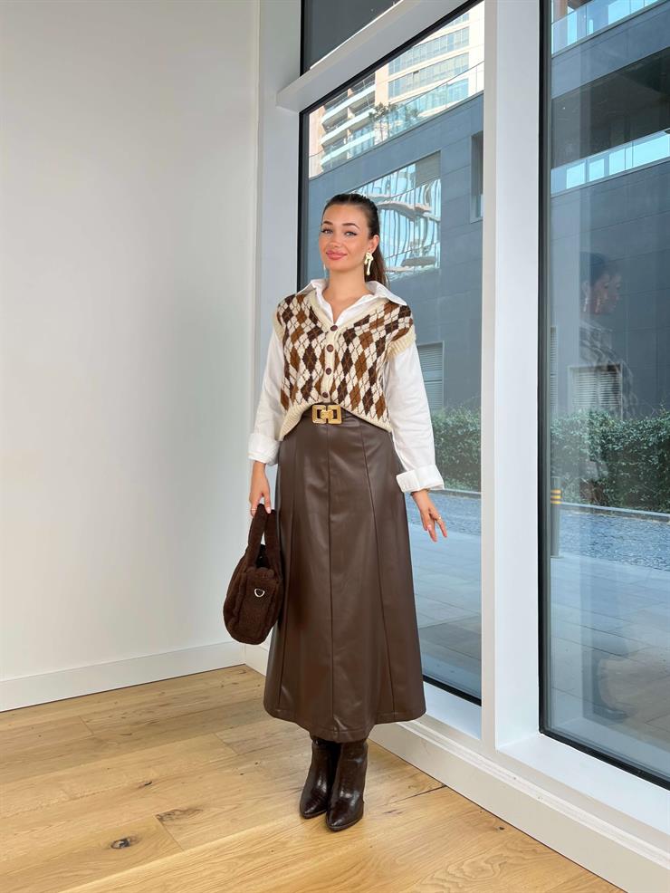 Yüksek Bel Beli Kemerli Dikiş Detaylı Eliane Kadın Kahve Deri Etek 25K074