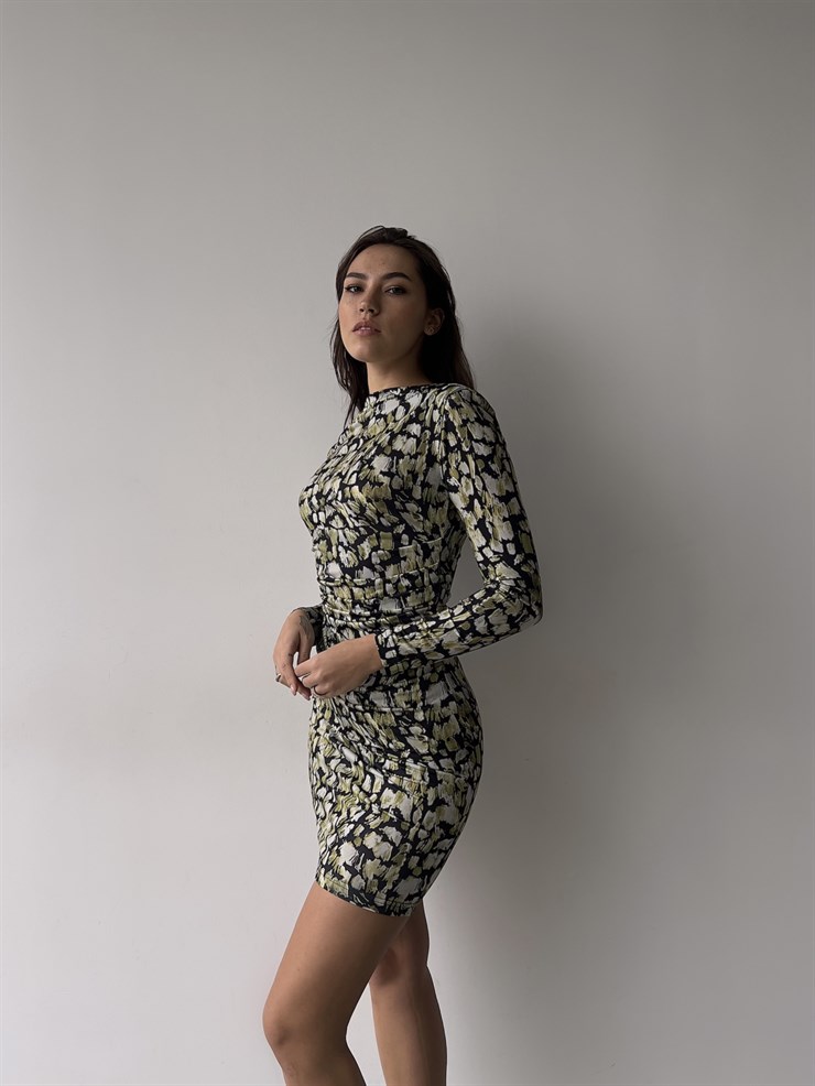 Desenli Uzun Kol Eliano Kadın Kısa Yeşil Elbise 23K000344