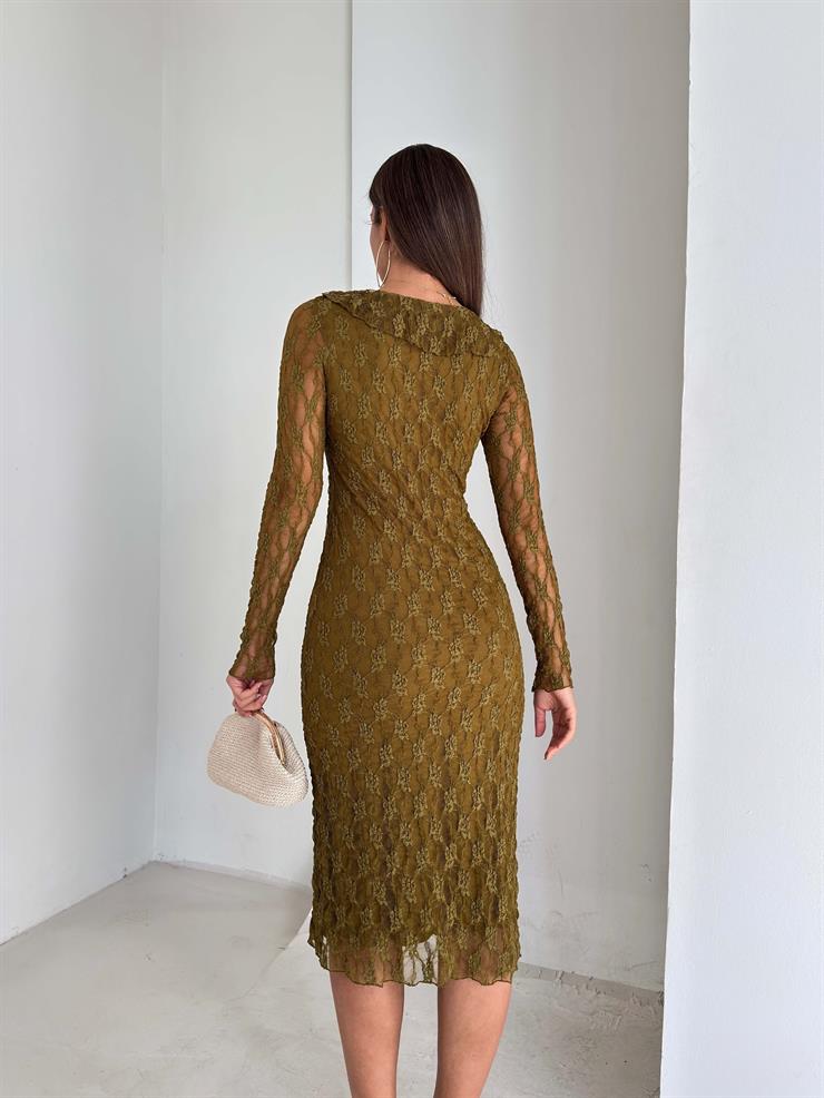 Önü Fırfır Detaylı Yırtmaçlı Dantelli Elias Yeşil Kadın Elbise 26K231