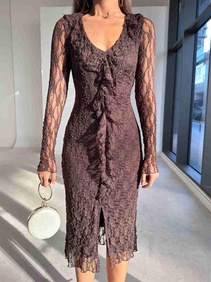 Önü Fırfır Detaylı Yırtmaçlı Dantelli Elias Kahve Kadın Elbise 26K231