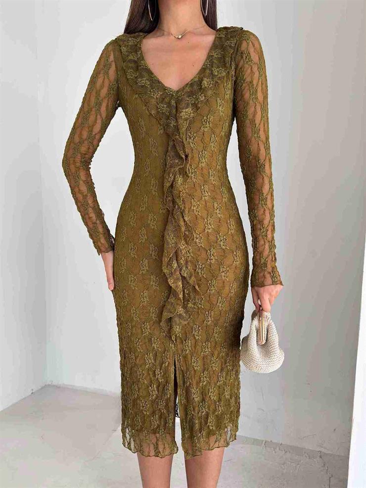 Önü Fırfır Detaylı Yırtmaçlı Dantelli Elias Yeşil Kadın Elbise 26K231