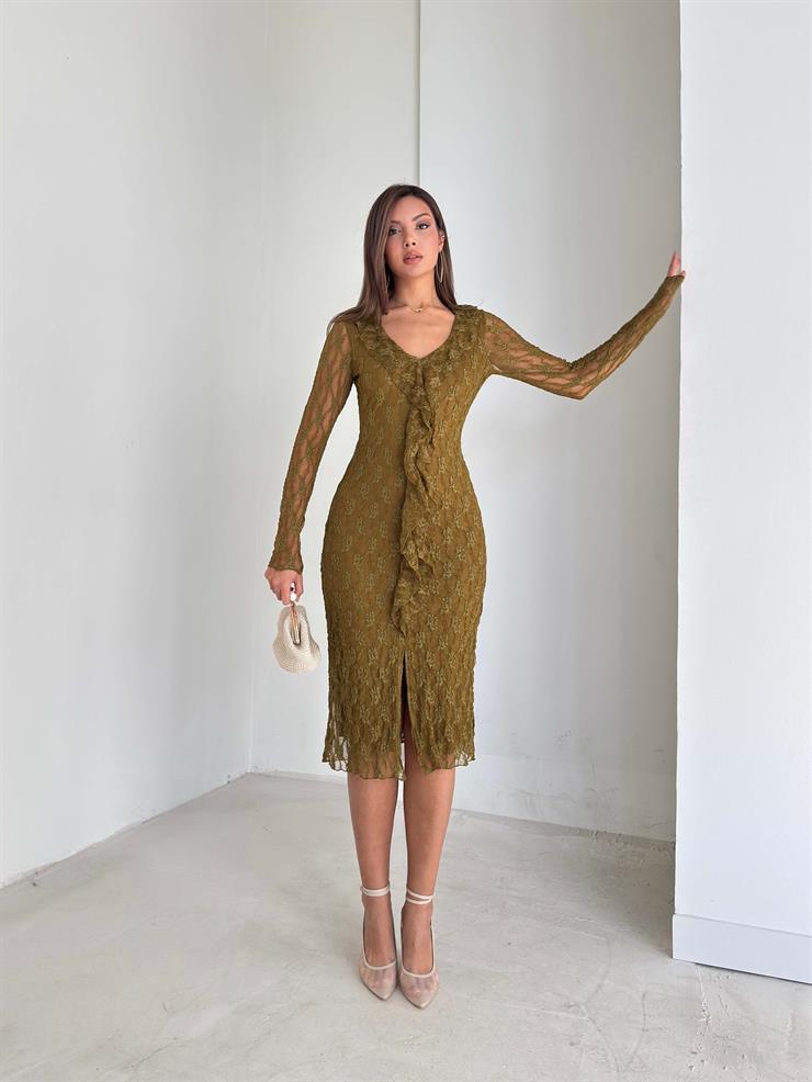 Önü Fırfır Detaylı Yırtmaçlı Dantelli Elias Yeşil Kadın Elbise 26K231