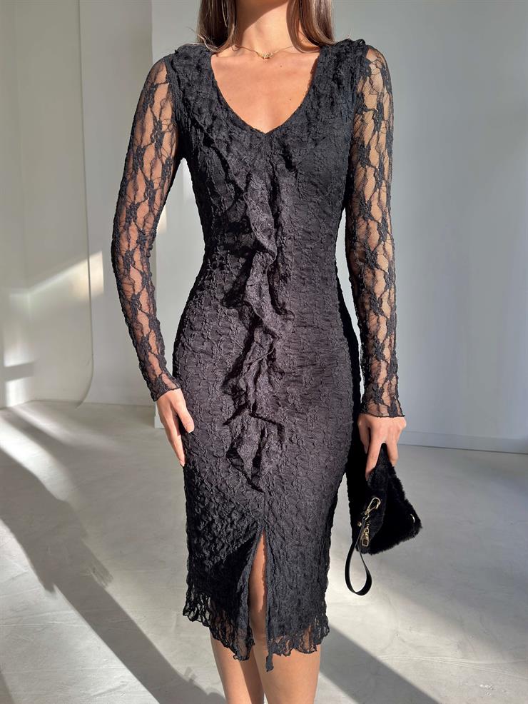 Önü Fırfır Detaylı Yırtmaçlı Dantelli Elias Siyah Kadın Elbise 26K231