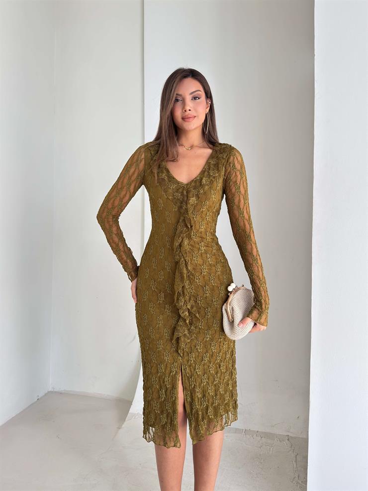 Önü Fırfır Detaylı Yırtmaçlı Dantelli Elias Yeşil Kadın Elbise 26K231