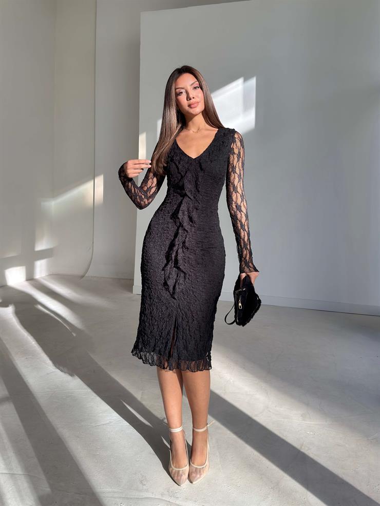 Önü Fırfır Detaylı Yırtmaçlı Dantelli Elias Siyah Kadın Elbise 26K231