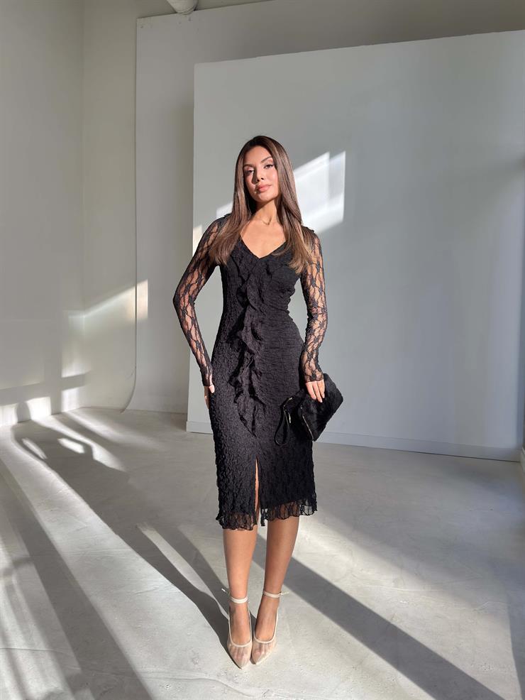 Önü Fırfır Detaylı Yırtmaçlı Dantelli Elias Siyah Kadın Elbise 26K231