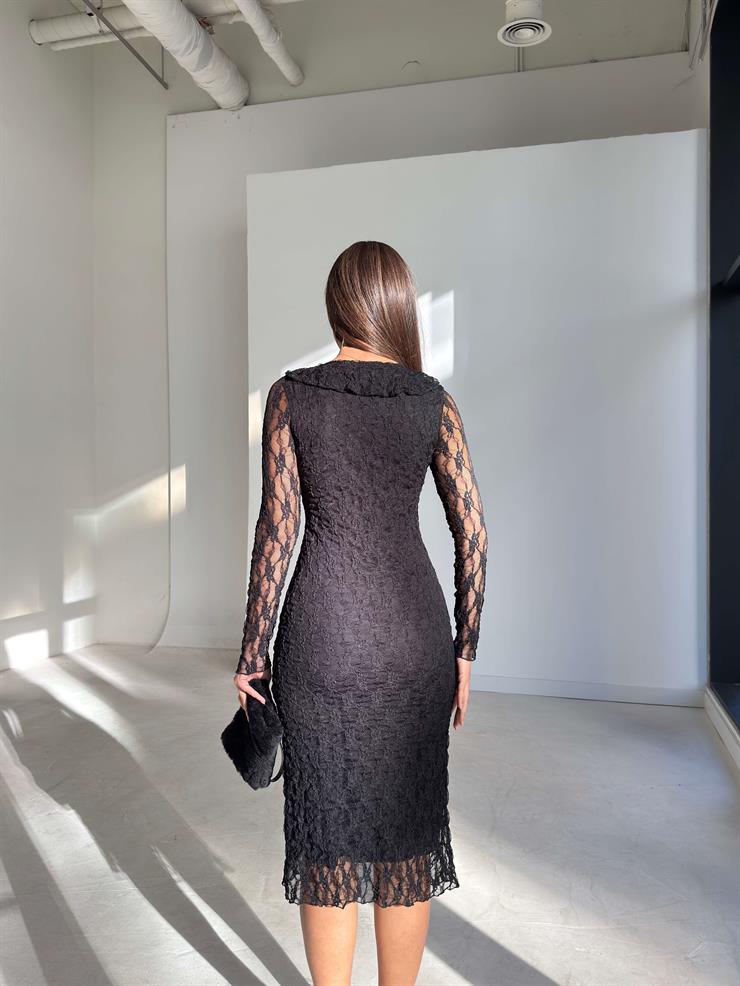 Önü Fırfır Detaylı Yırtmaçlı Dantelli Elias Siyah Kadın Elbise 26K231