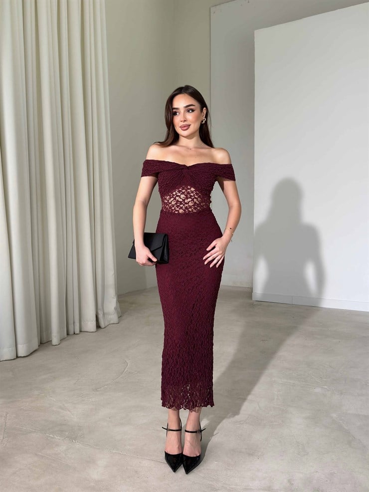 Dantelli Madonna Yaka Midi Boy Bordo Elias Kadın Elbise 26Y457