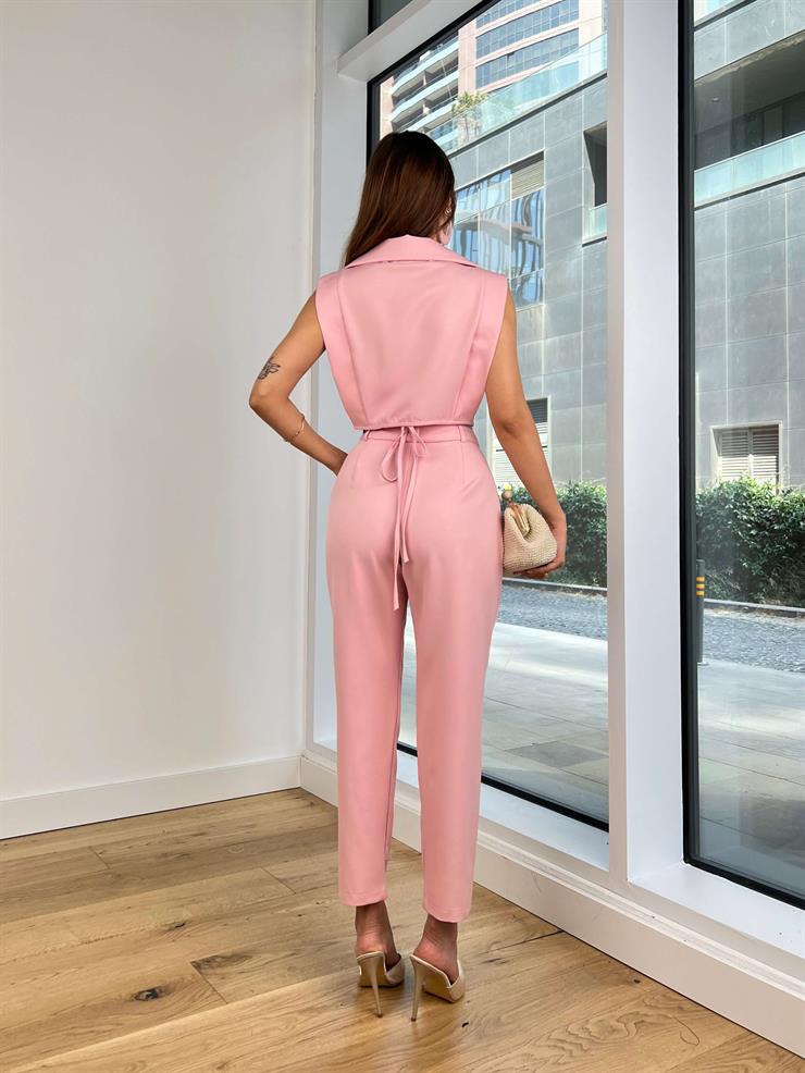 Kruvaze Belden Bağlamalı Crop Yelek Yüksek Bel Pens Detaylı Pantolon Elien Kadın Pembe Takım 24Y789
