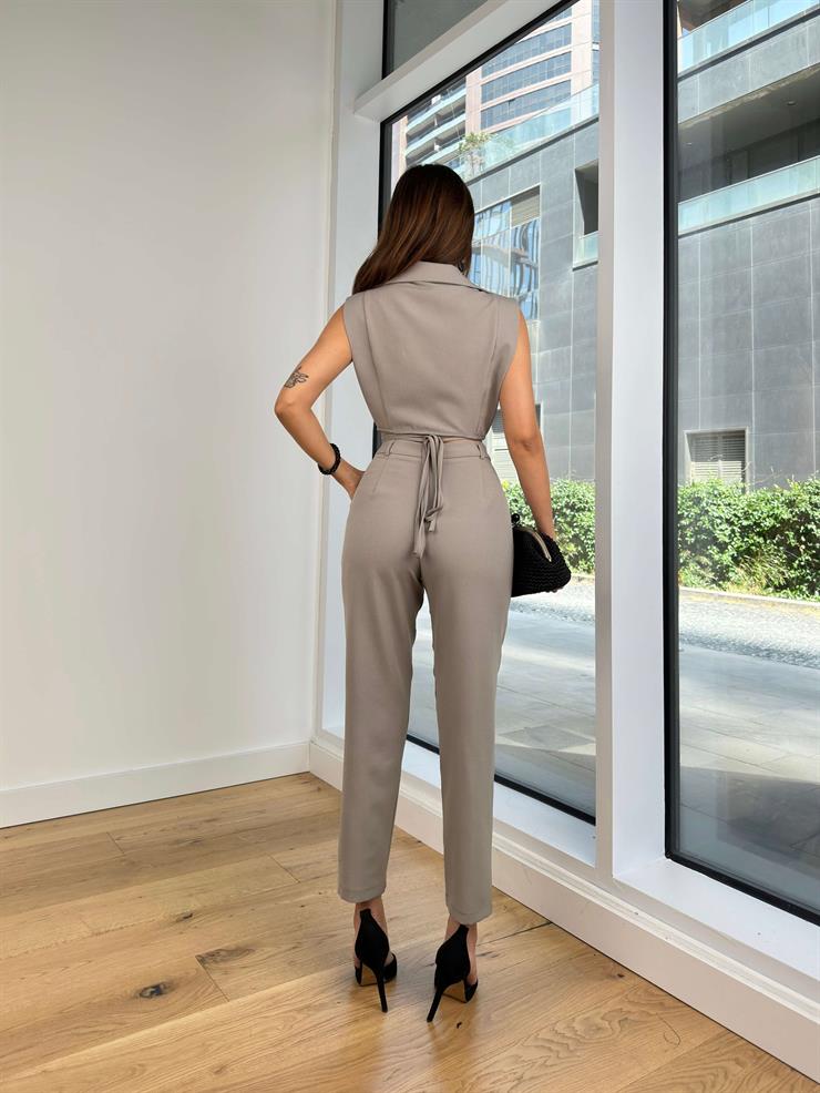 Kruvaze Belden Bağlamalı Crop Yelek Yüksek Bel Pens Detaylı Pantolon Elien Kadın Gri Takım 24Y789