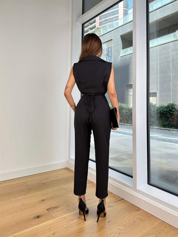 Kruvaze Belden Bağlamalı Crop Yelek Yüksek Bel Pens Detaylı Pantolon Elien Kadın Siyah Takım 24Y789