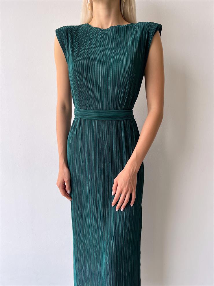 Omuz Vatkalı Beli Kuşaklı Elinar Kadın Zümrüt Elbise 23Y000417