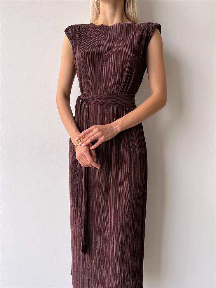 Omuz Vatkalı Beli Kuşaklı Elinar Kadın Kahve Elbise 23Y000417